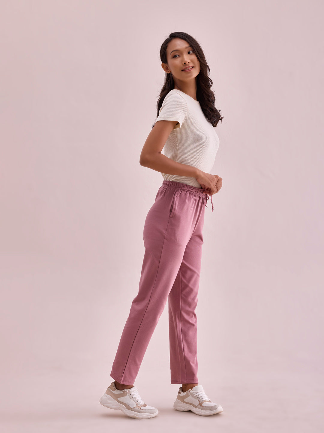 Women Solid Dusty Pink Mid Rise Warm Casual Pants