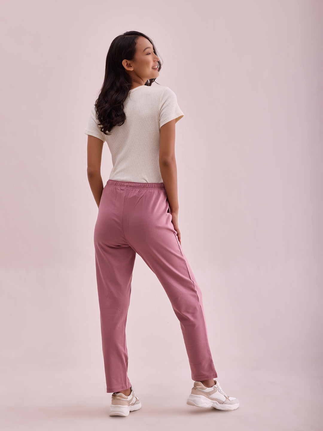 Women Solid Dusty Pink Mid Rise Warm Casual Pants