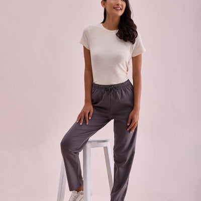 Women Solid Silver Grey Mid Rise Warm Casual Pants