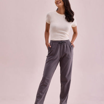 Women Solid Silver Grey Mid Rise Warm Casual Pants