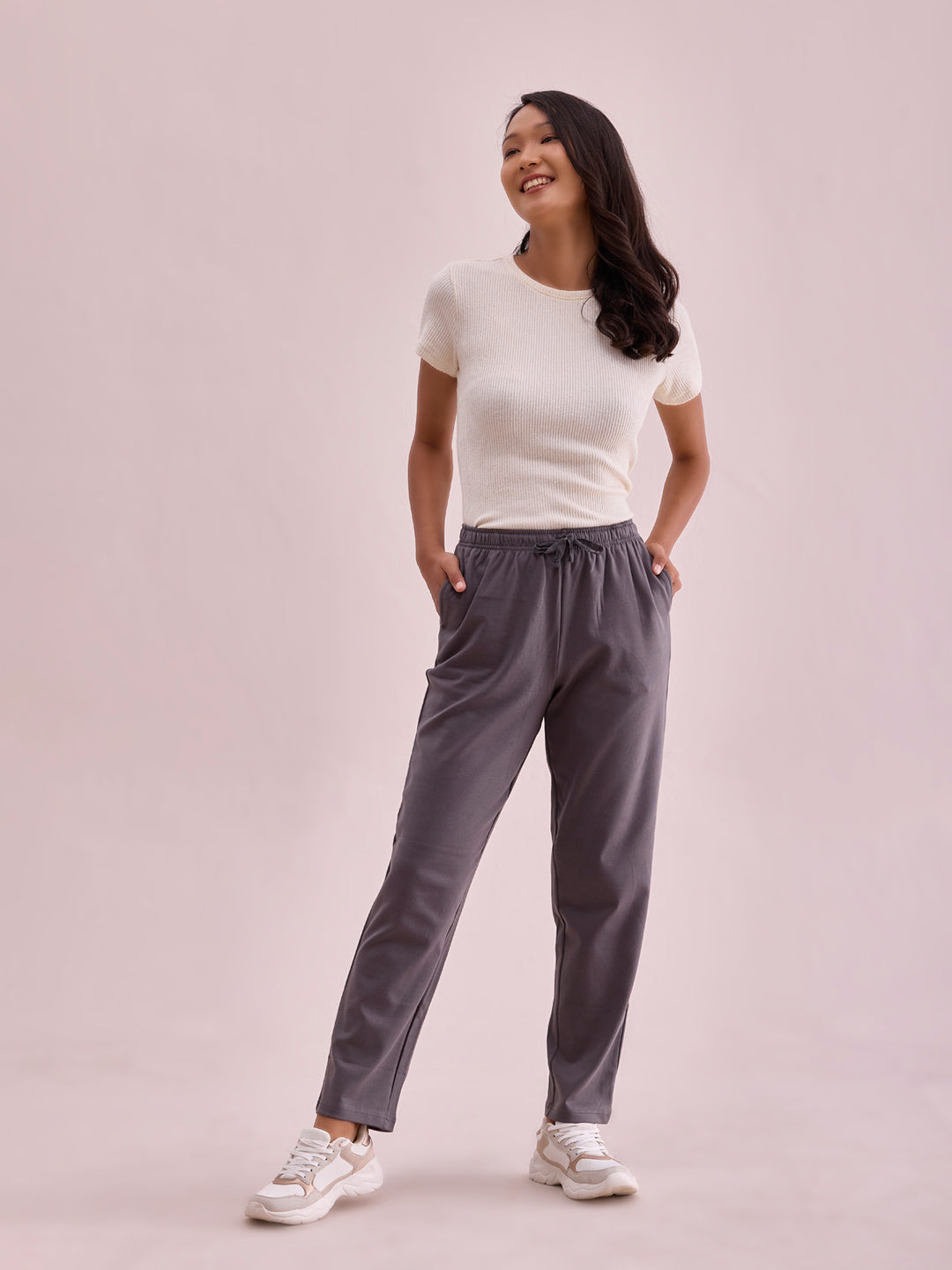 Women Solid Silver Grey Mid Rise Warm Casual Pants