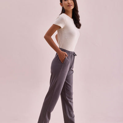 Women Solid Silver Grey Mid Rise Warm Casual Pants