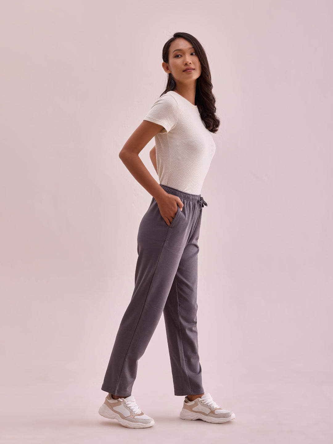 Women Solid Silver Grey Mid Rise Warm Casual Pants