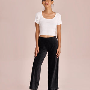 Women Solid Black Mid Rise Corduory Wide Pants