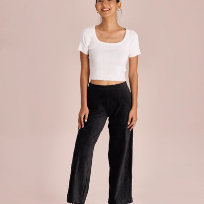 Women Solid Black Mid Rise Corduory Wide Pants