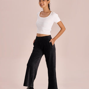 Women Solid Black Mid Rise Corduory Wide Pants