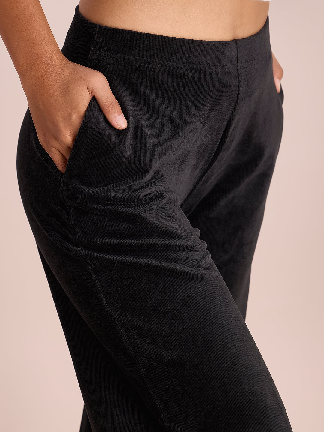 Women Solid Black Mid Rise Corduory Wide Pants