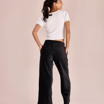 Women Solid Black Mid Rise Corduory Wide Pants