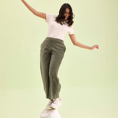 Women Solid Olive Green Mid Rise Corduory Wide Pants