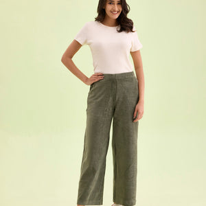 Women Solid Olive Green Mid Rise Corduory Wide Pants