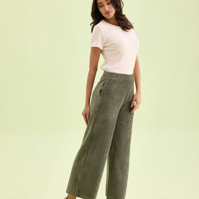 Women Solid Olive Green Mid Rise Corduory Wide Pants