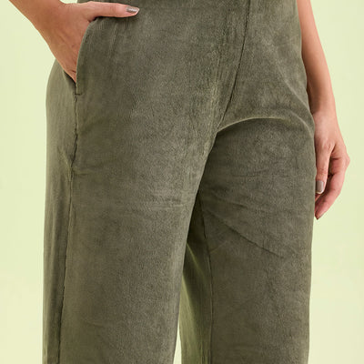 Women Solid Olive Green Mid Rise Corduory Wide Pants