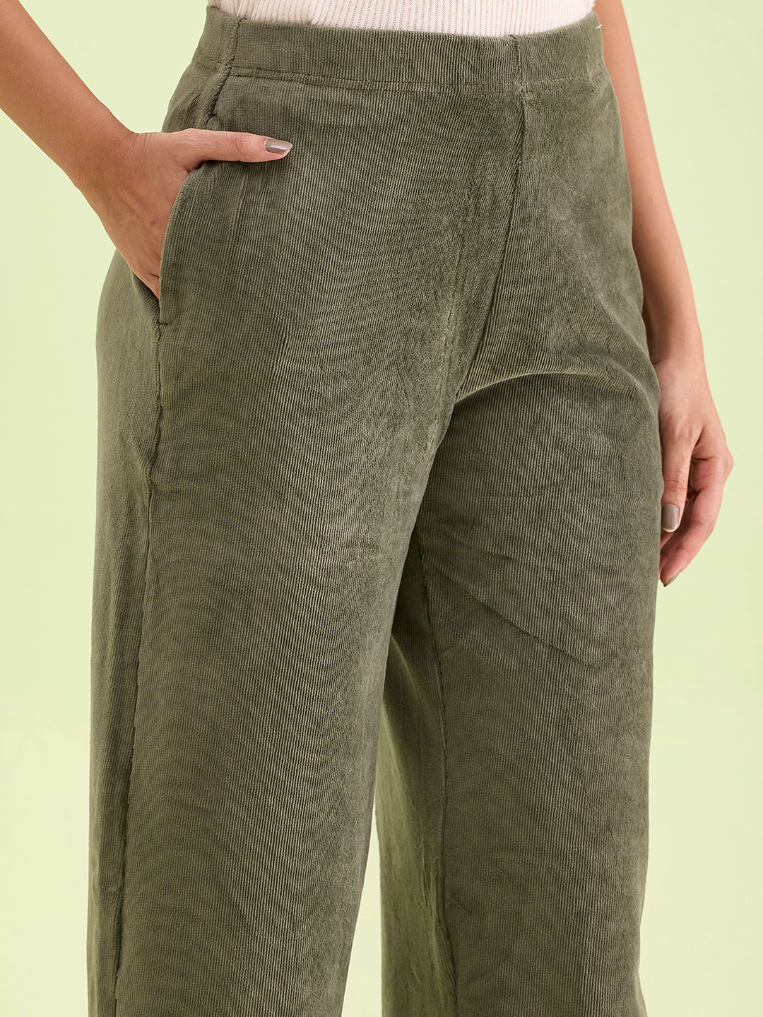 Women Solid Olive Green Mid Rise Corduory Wide Pants