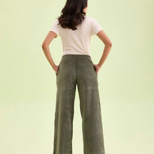 Women Solid Olive Green Mid Rise Corduory Wide Pants