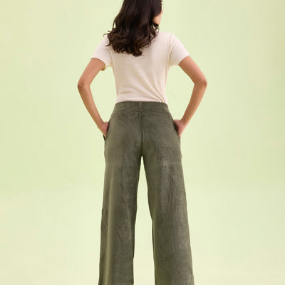 Women Solid Olive Green Mid Rise Corduory Wide Pants