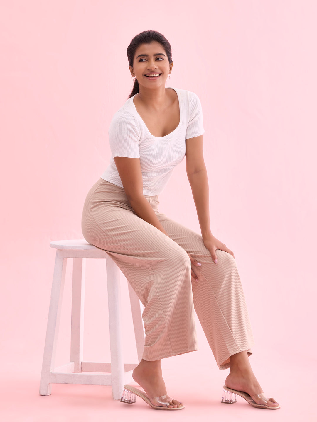 Women Solid Beige Mid Rise Ribbed Palazzos