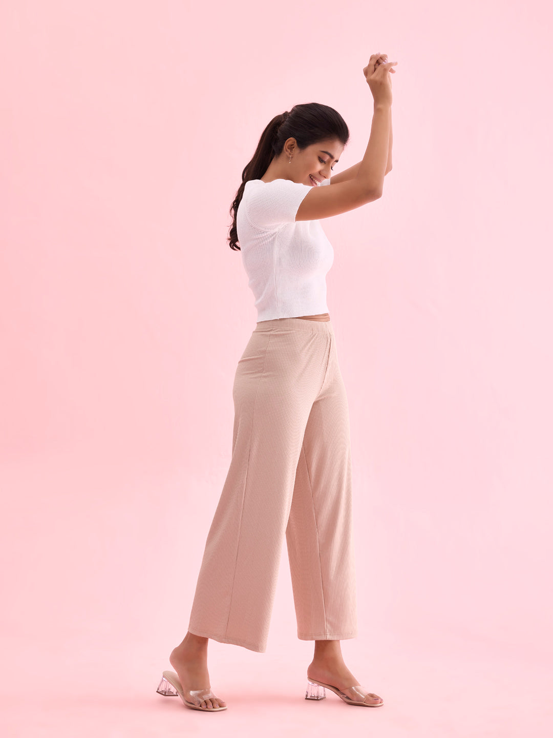 Women Solid Beige Mid Rise Ribbed Palazzos