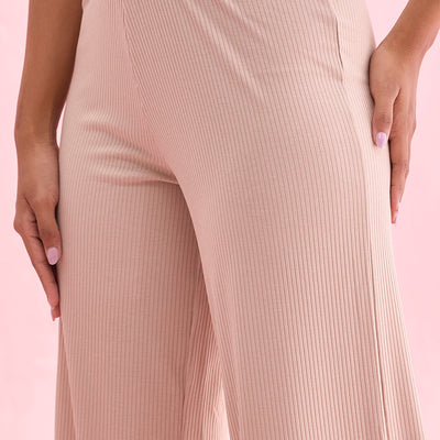 Women Solid Beige Mid Rise Ribbed Palazzos