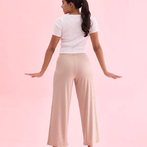 Women Solid Beige Mid Rise Ribbed Palazzos