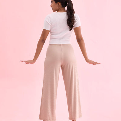 Women Solid Beige Mid Rise Ribbed Palazzos