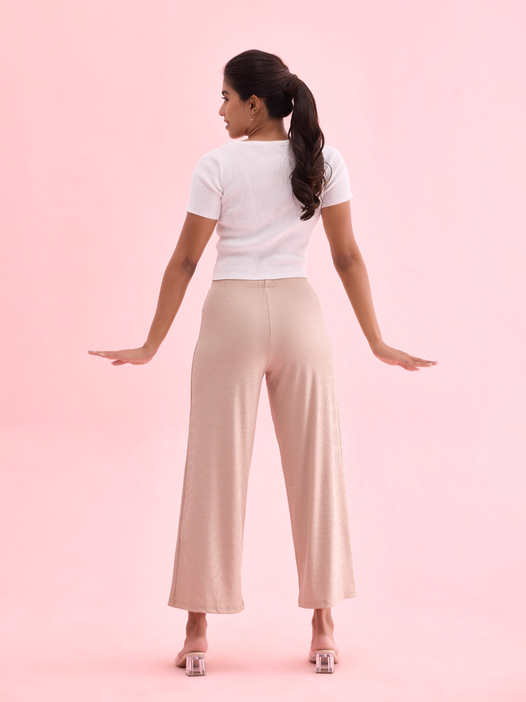 Women Solid Beige Mid Rise Ribbed Palazzos