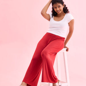 Women Solid Cherry Viscose Mid Rise Knit Palazzos