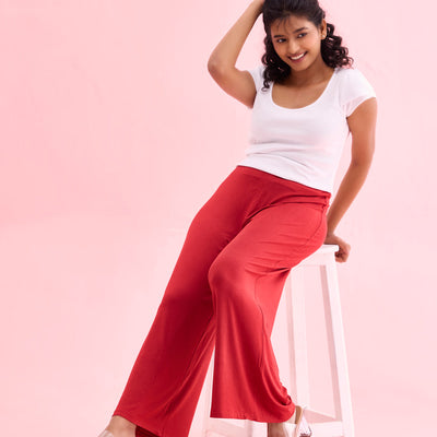 Women Solid Cherry Viscose Mid Rise Knit Palazzos