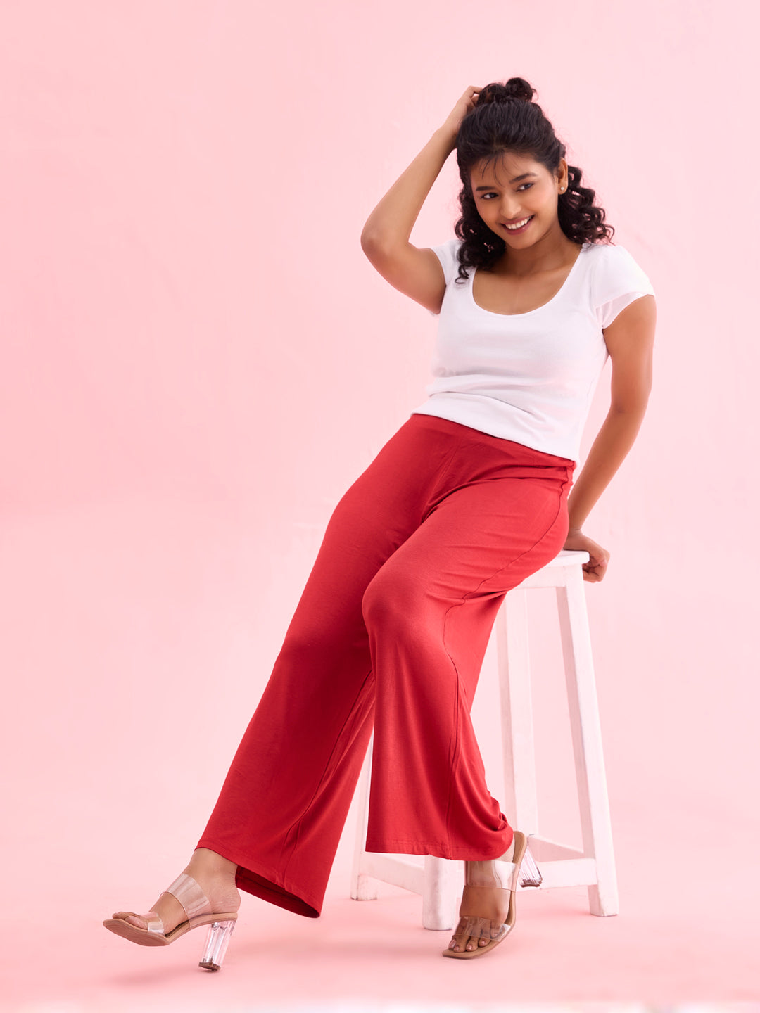 Women Solid Cherry Viscose Mid Rise Knit Palazzos