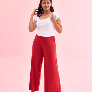 Women Solid Cherry Viscose Mid Rise Knit Palazzos