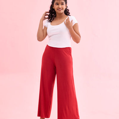 Women Solid Cherry Viscose Mid Rise Knit Palazzos
