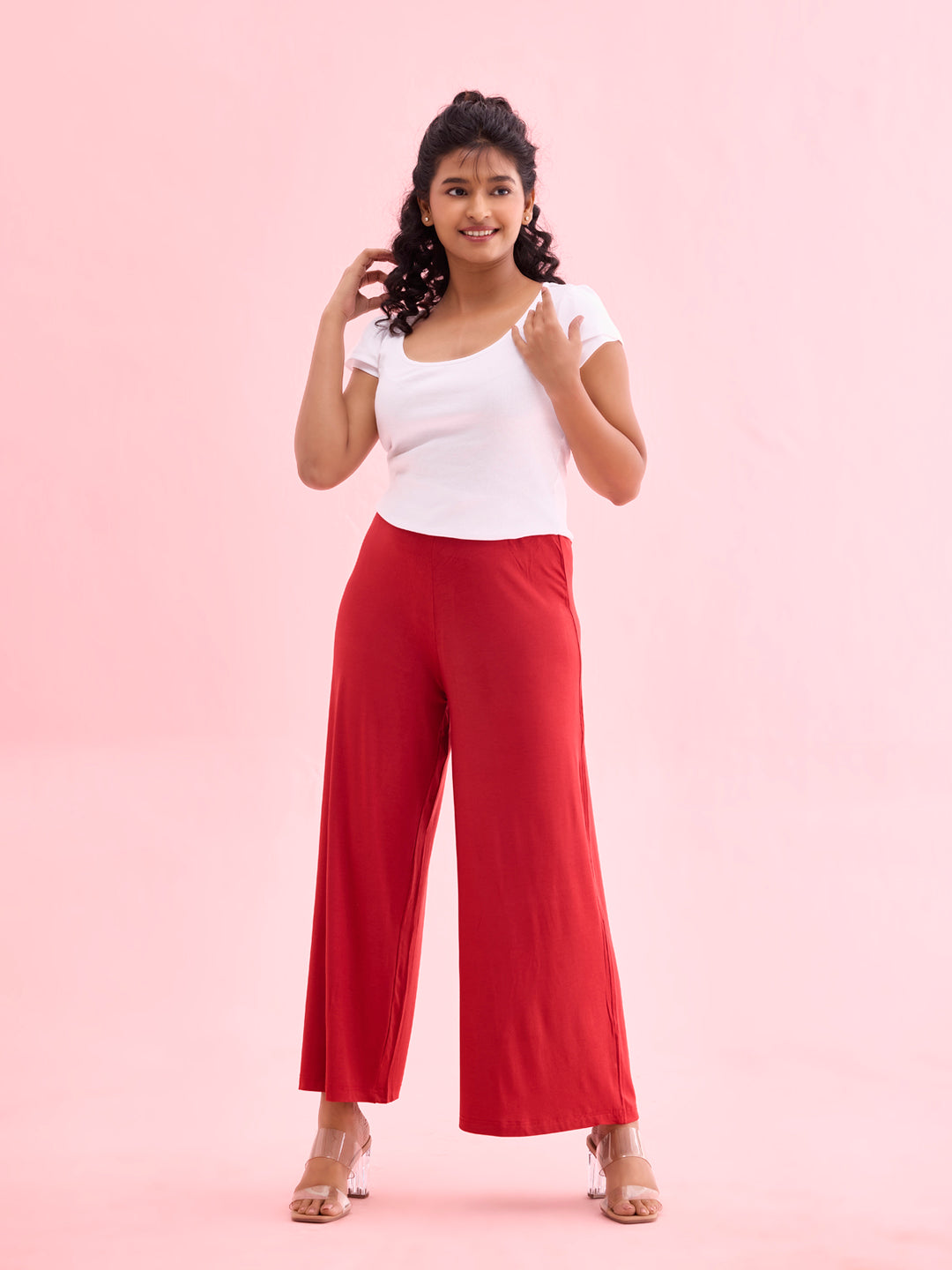 Women Solid Cherry Viscose Mid Rise Knit Palazzos
