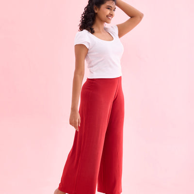 Women Solid Cherry Viscose Mid Rise Knit Palazzos