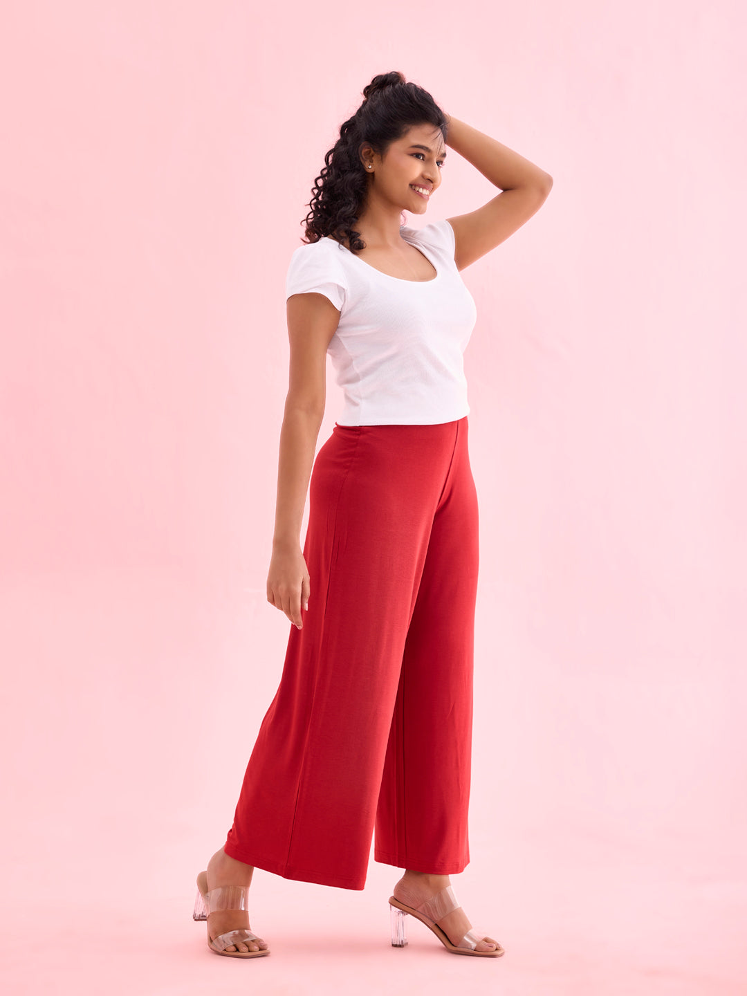 Women Solid Cherry Viscose Mid Rise Knit Palazzos