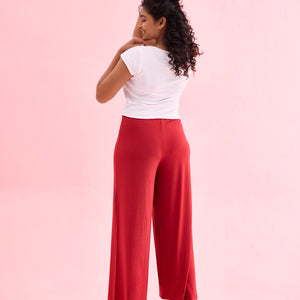 Women Solid Cherry Viscose Mid Rise Knit Palazzos