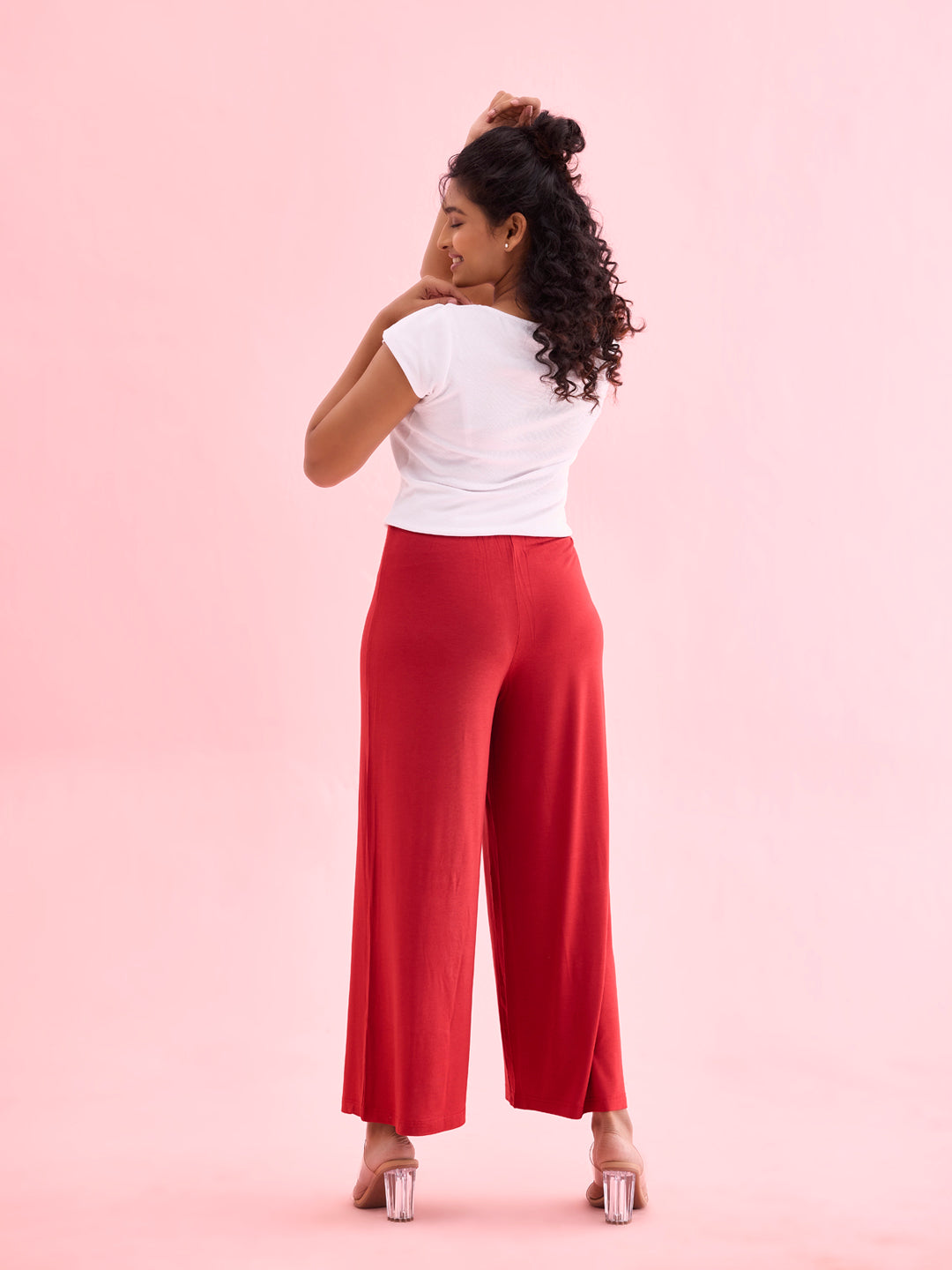 Women Solid Cherry Viscose Mid Rise Knit Palazzos