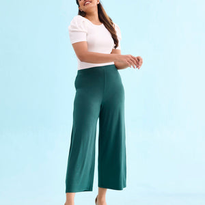 Women Solid Dark Green Knit Viscose Mid Rise Palazzos