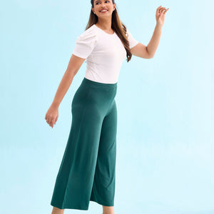 Women Solid Dark Green Knit Viscose Mid Rise Palazzos