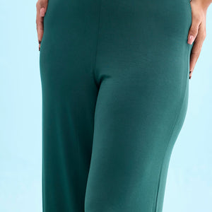 Women Solid Dark Green Knit Viscose Mid Rise Palazzos