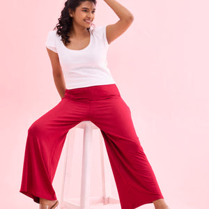 Women Solid Dark Pink Knit Viscose Mid Rise Palazzos