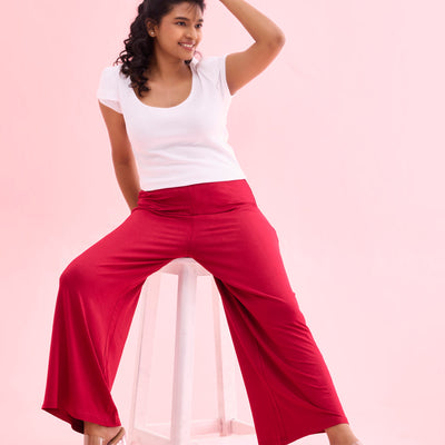 Women Solid Dark Pink Knit Viscose Mid Rise Palazzos