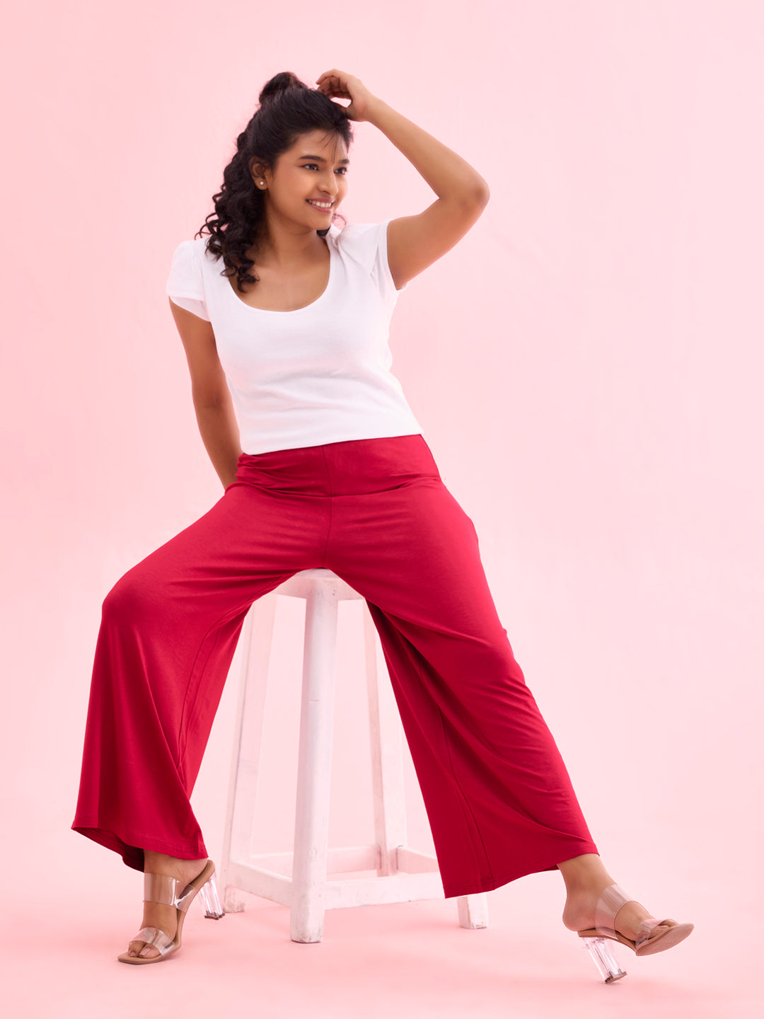 Women Solid Dark Pink Knit Viscose Mid Rise Palazzos