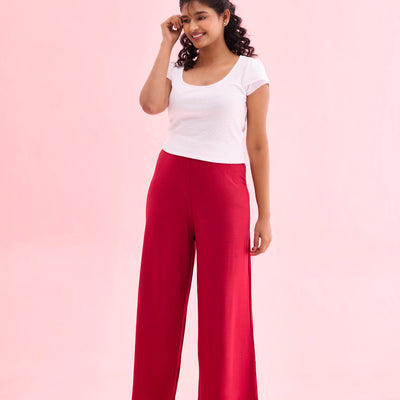 Women Solid Dark Pink Knit Viscose Mid Rise Palazzos
