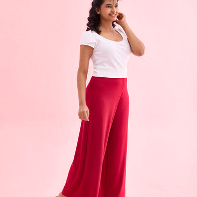 Women Solid Dark Pink Knit Viscose Mid Rise Palazzos