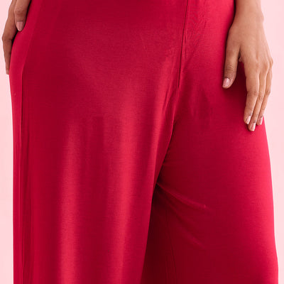 Women Solid Dark Pink Knit Viscose Mid Rise Palazzos