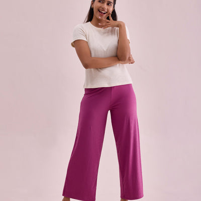 Women Solid Dark Pink Mid Rise Ribbed Palazzos