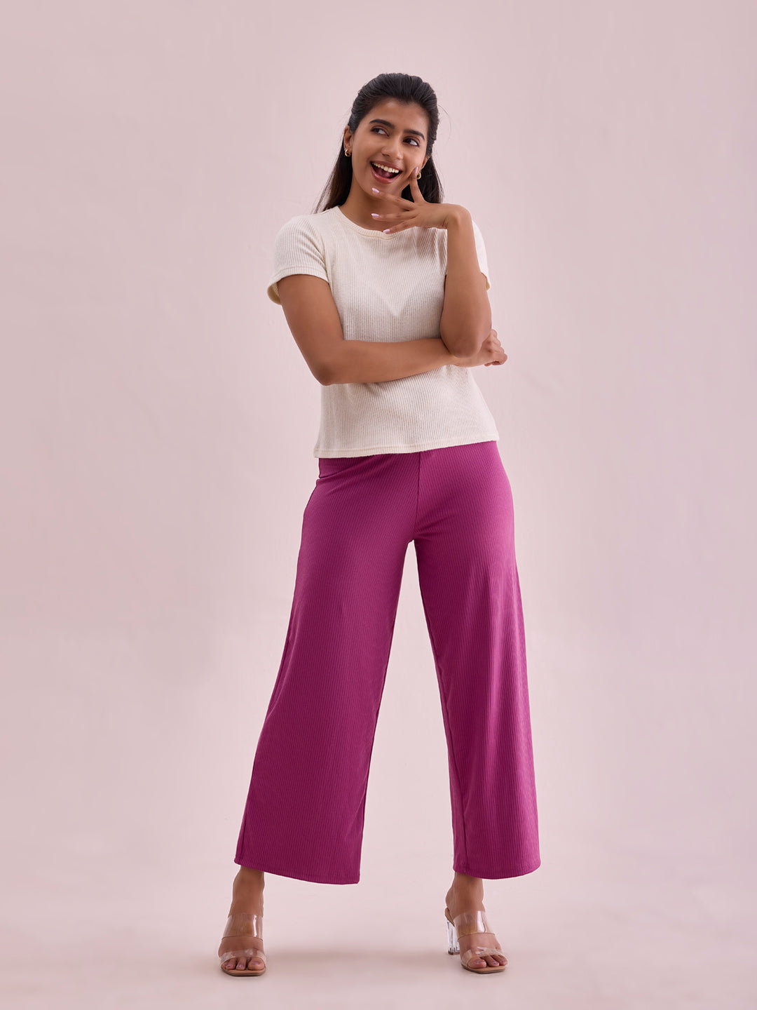 Women Solid Dark Pink Mid Rise Ribbed Palazzos