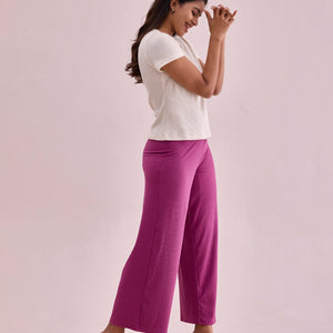 Women Solid Dark Pink Mid Rise Ribbed Palazzos