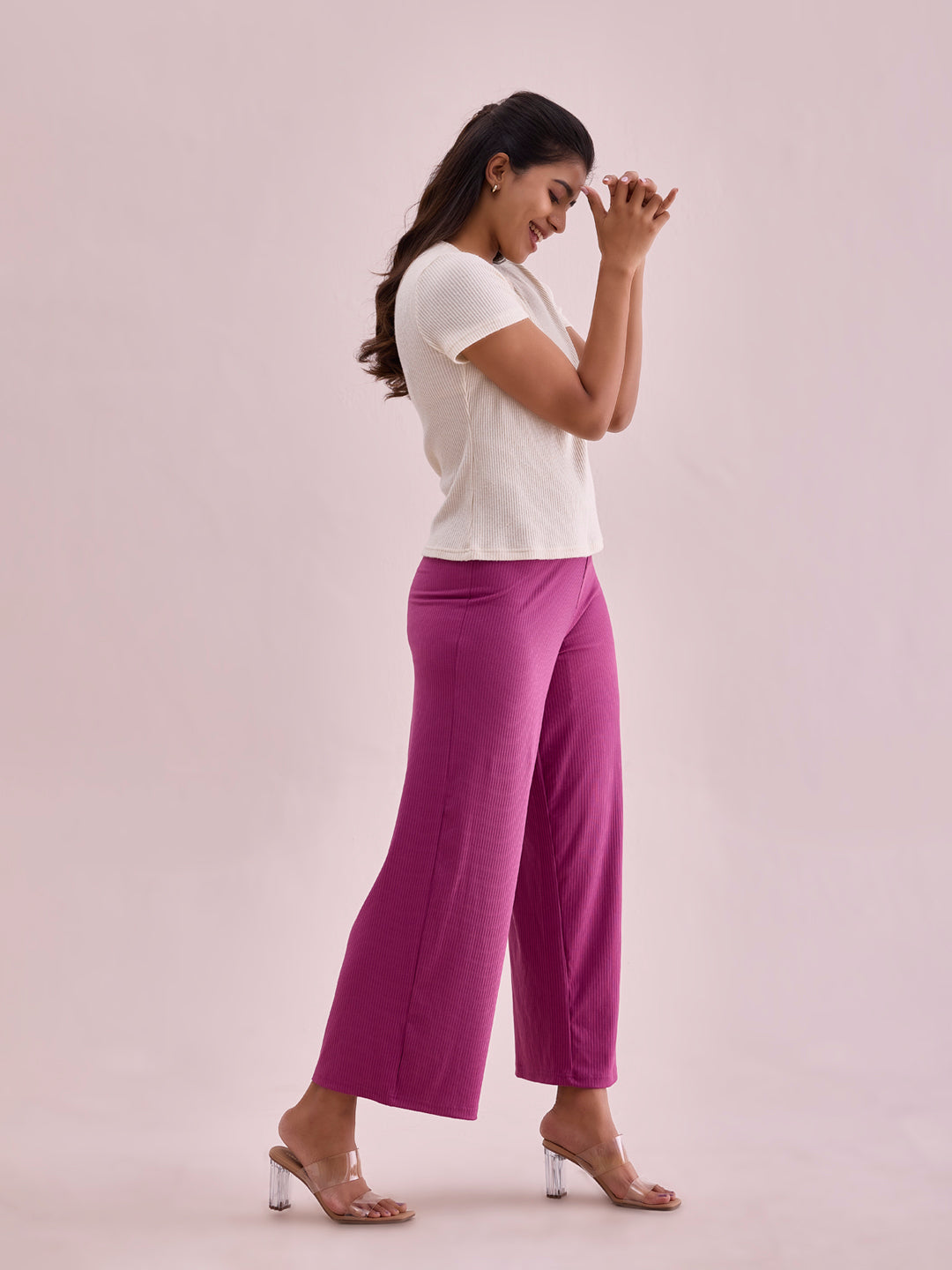 Women Solid Dark Pink Mid Rise Ribbed Palazzos