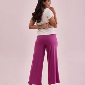 Women Solid Dark Pink Mid Rise Ribbed Palazzos