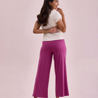 Women Solid Dark Pink Mid Rise Ribbed Palazzos